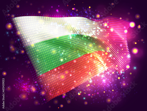 Bulgaria, vector 3d flag on pink purple background with lighting and flares