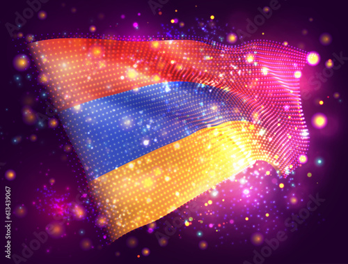 Armenia, vector 3d flag on pink purple background with lighting and flares
