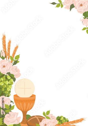 Catholic First Communion. Vector. Golden bowl for wine, bread, wine, grapes, white roses. Elements for beautiful invitation design. Festively decorated altar.
