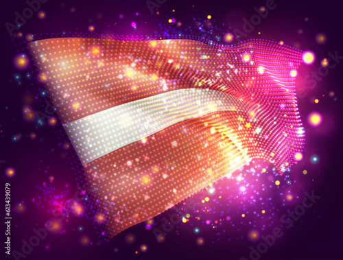 Latvia, vector 3d flag on pink purple background with lighting and flares