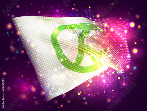 Peace, on vector 3d flag on pink purple background with lighting and flares