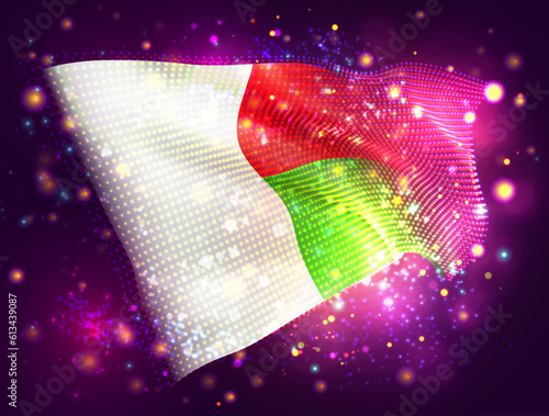 Madagascar, vector 3d flag on pink purple background with lighting and flares