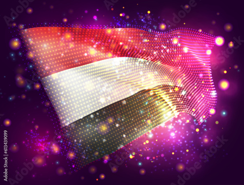 Yemen, vector 3d flag on pink purple background with lighting and flares