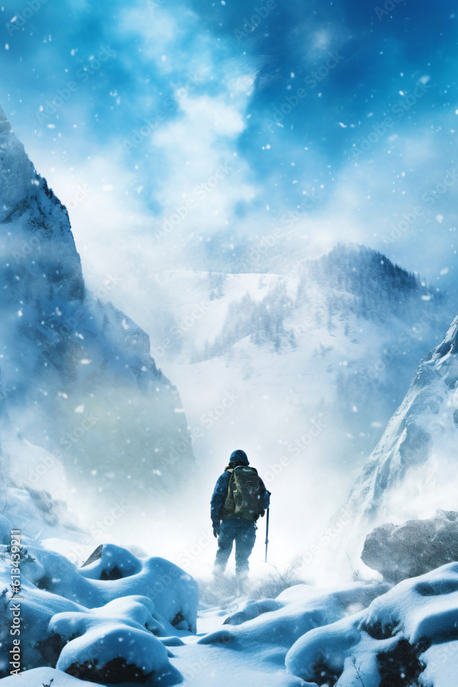 hiker alone in an ice landscape with snowy mountains, generative ai hiker alone in an ice landscape with snowy mountains, generative ai