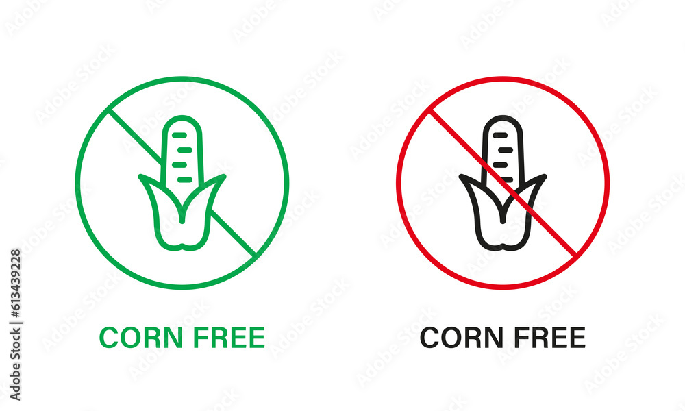 Corn Free Line Icon Set. Cob Maize Allergy Ingredient Green and Red Stop Sign. Ban Contain Maize Logo. Corn Starch Allergen Forbidden Symbol. None Corncob. Isolated Vector Illustration Corn Free Line Icon Set. Cob Maize Allergy Ingredient Green and Red Stop Sign. Ban Contain Maize Logo. Corn Starch Allergen Forbidden Symbol. None Corncob. Isolated Vector Illustration