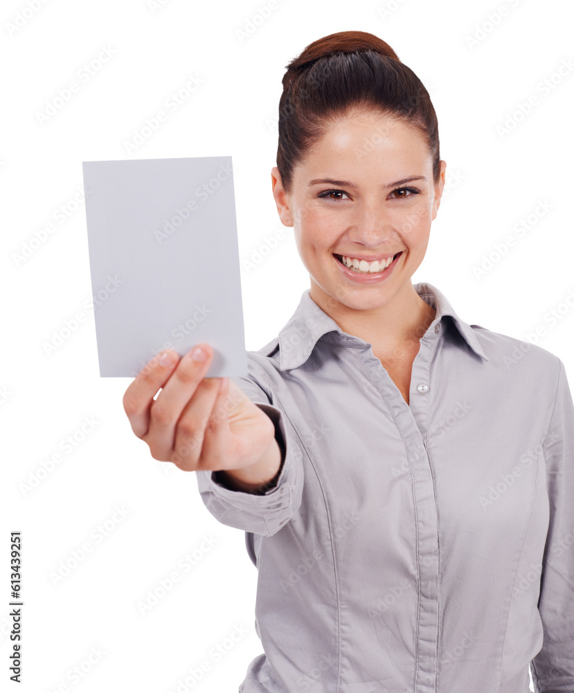 Blank, business card and smile portrait of a woman, isolated on transparent, png background. Professional person with mockup paper in hand for corporate advice, contact us or advertising space