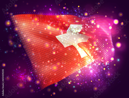 Switzerland, vector 3d flag on pink purple background with lighting and flares
