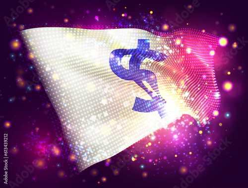 Dollar, on vector 3d flag on pink purple background with lighting and flares