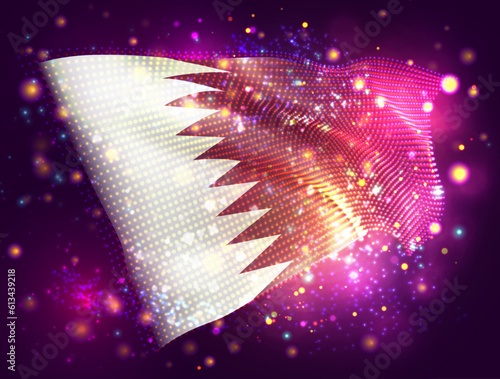 Qatar, vector 3d flag on pink purple background with lighting and flares
