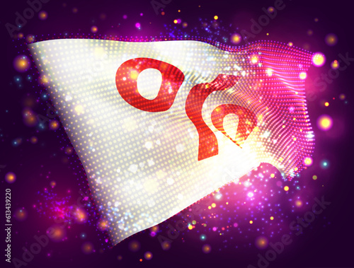 Discount, on vector 3d flag on pink purple background with lighting and flares