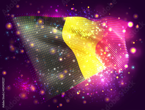 Belgium, vector 3d flag on pink purple background with lighting and flares