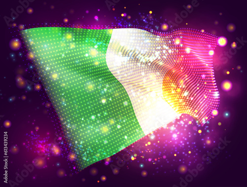 Ireland, vector 3d flag on pink purple background with lighting and flares