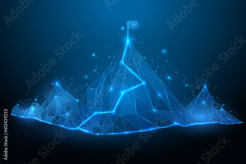 Flag on the top of Mountain. Road to success low poly on blue dark background. Digital vector wireframe mountain. Victory motivation technology. Vector illustration EPS10