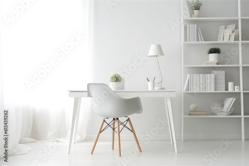 White room with desk and chair for space work space and relax time. Generative Ai