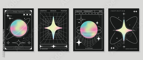 Modern y2k design background cover. Abstract element graphic with lines, wireframes, futuristic shapes. Aesthetic cards collection illustration for flyer, brochure, invitation, social media, poster.