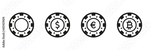 Betting Chip for Poker Set Black Icons. Luck Dollar Euro Bitcoin for Gamble Pictogram. Casino Currency, Poker Money Sign. Fortune Bet, Gambling Game Symbol Collection. Isolated Vector Illustration