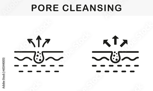 Unclog Skin Face of Dirty Blackhead and Dust Symbol Collection. Cleansing Clogged Deep Pore Line and Silhouette Black Icon Set. Facial Skin Care Pictogram. Isolated Vector Illustration