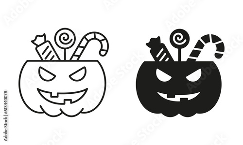 Pumpkin with Candies Line and Silhouette Black Icon Set. Treat or Trick Halloween Pumpkin Bucket Pictogram. Halloween Basket for Sweet Candy Symbol Collection. Isolated Vector Illustration