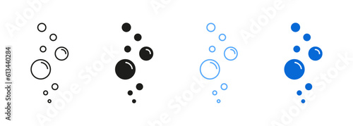 Fizzy Drink, Water Bubble Black and Blue Pictogram. Effervescent Champagne. Sphere Foam, Aquarium. Clear Soda Drops Line and Silhouette Icon Set. Soap Symbol Collection. Isolated Vector Illustration