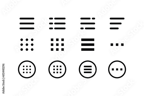 Menu icons, web and mobile navigation buttons of app ui. Isolated vector menu symbols of collapsed menu or navigation bar with three horizontal bars, squares, dots and ellipsis