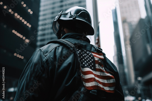 Close-up of firefighter wearing american flag patch on back standing against backdrop of skyscrapers outdoors. Patriot day USA, national date of remembrance 911 concept. Generative AI illustration photo