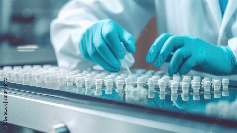 Hand with sanitary gloves check Medical vials on production line at pharmaceutical factory, Pharmaceutical machine working pharmaceutical glass bottles production line. Generative AI Hand with sanitary gloves check Medical vials on production line at pharmaceutical factory, Pharmaceutical machine working pharmaceutical glass bottles production line. Generative AI