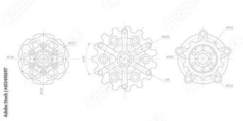 Technical drawing of gears.Mechanical Engineering background .Vector illustration .