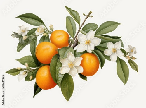 A branch of an orange or tangerine tree with fruits and flowers, isolated on a white background. Created with Generative AI technology.