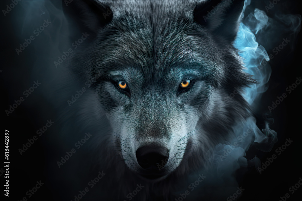 Wolf serious face closeup in dense smoke lighting orange eyes