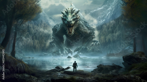 An epic fight with the huge dragon in the dungeons