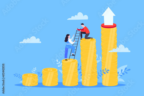 Business mentor helps improve career and money stacks growing. He holds stairs steps vector illustration. Mentorship, upskills, climb help self development strategy flat style design business concept.