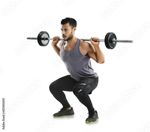 Obraz na plátně Man, exercise and weightlifting, bodybuilder and barbell squat with muscle training isolated on transparent png background