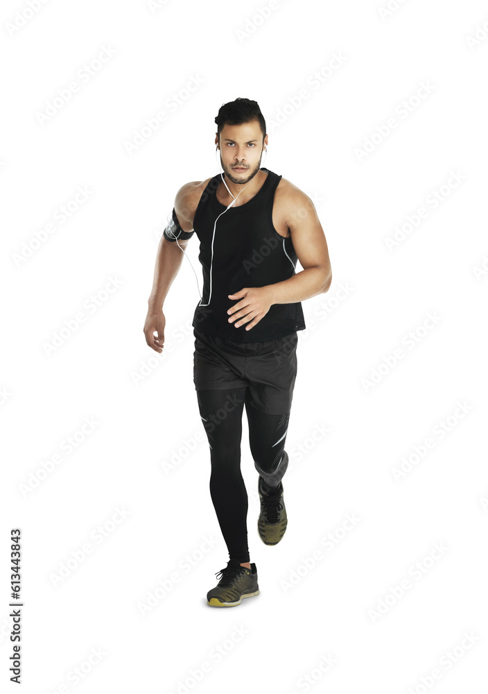 Portrait, fitness and running with a sports man isolated on a transparent background listening to music. Exercise, workout and health with a young male runner on PNG for cardio or endurance training