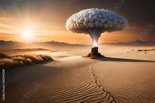 Terrible explosion of a nuclear bomb with a mushroom in the desert