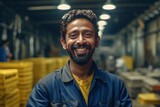 Lächelnder Mitarbeiter in der Fabrik: Verkörperung der indischen Kultur mit sympathischer Persönlichkeit und maskuliner Ausstrahlung, Generative AI