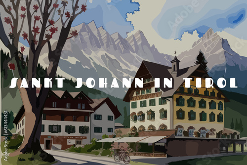 Sankt Johann in Tirol: Beautiful painting of an Austrian village with the name Sankt Johann in Tirol in Tirol