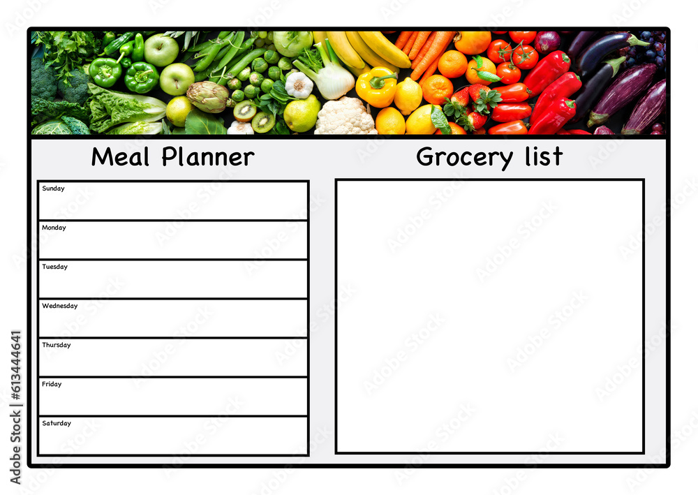 Fruit and veg design Meal Planner Grocery list Stock Illustration ...