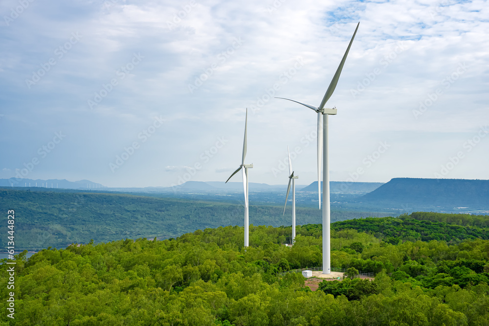 Huge fields of wind turbines used to generate electricity are located in the mountains where the wind blows constantly. Huge fields of wind turbines used to generate electricity are located in the mountains where the wind blows constantly.