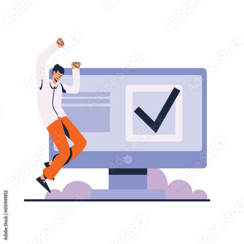 Cartoon guy jumps having successfully done task on computer. People celebrating success at work. Support and teamwork. Career goal achievement. Getting promotion at work. Vector