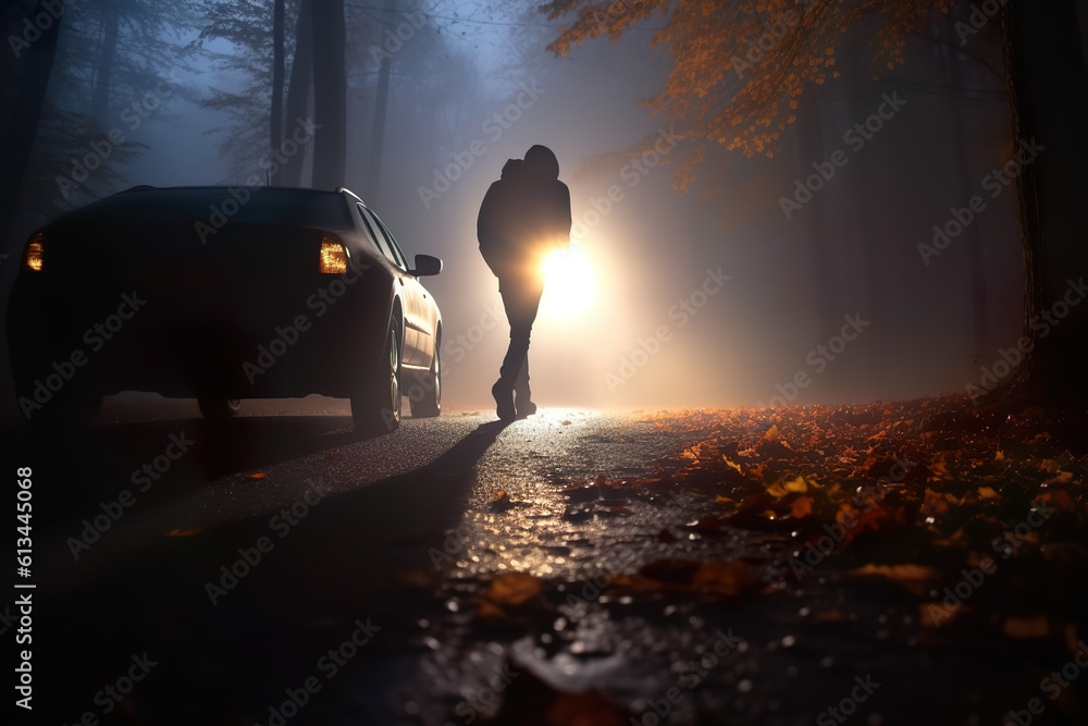 Man walking in the autumn night towards the light