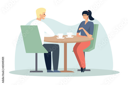 Colored cartoon handsome couple meeting and talking. Colleagues having conversation in modern restaurants. Friends spending time together in cafe. Vector