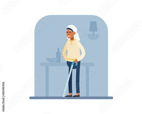 Cheerful granny with stick walks through house. Old people doing different things. Senior people spending time at home. Happy old age. Vector flat style