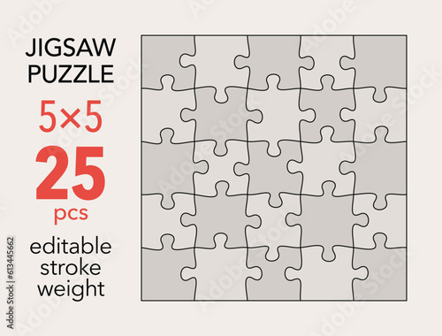 Empty jigsaw puzzle grid template, 5x5 shapes, 25 pieces. Separate matching puzzle elements. Flat vector illustration layout, every piece is a single shape.