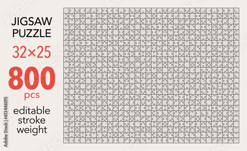 Empty jigsaw puzzle grid template, 32x25 shapes, 800 pieces. Separate matching puzzle elements. Flat vector illustration layout, every piece is a single shape.