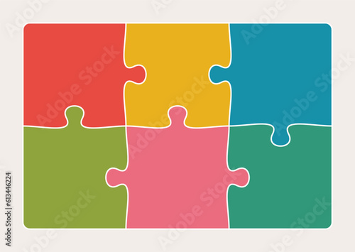 Six connected jigsaw puzzle parts flat vector illustration. Infographic template with separate matching pieces. Teamwork concept.
