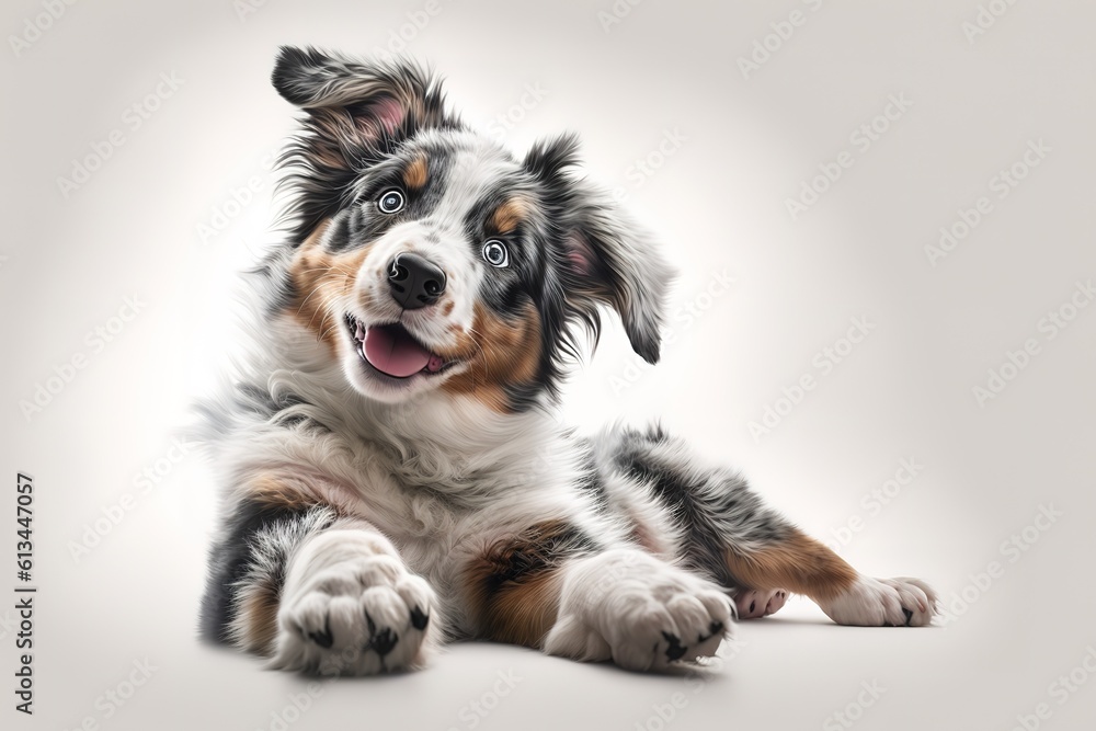 Funny studio portrait of the smilling puppy dog Australian Shepherd lying on the white background, giving a paw and begging, hyperrealism, photorealism, photorealistic