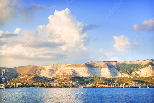 Embankment and sunny port, Blue Black Sea, Admiral Serebryakov Embankment, Krasnodar Territory, Novorossiysk photo