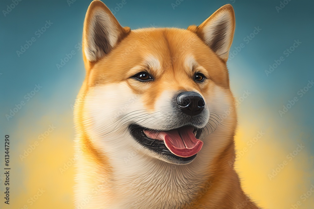 Happy shiba inu dog on yellow. Red - haired Japanese dog smile portrait, hyperrealism, photorealism, photorealistic