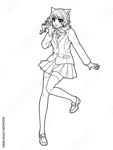 Clip art of anime style girl(full body) for coloring book (No cat ears)