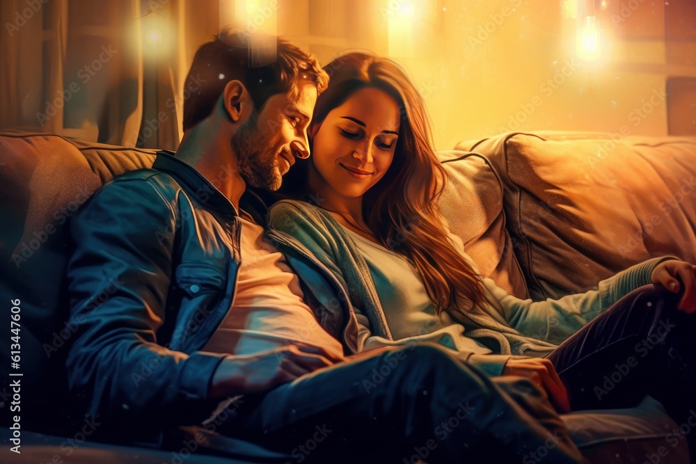 Intime Zweisamkeit: Junges Paar auf einem Sofa, geteilte Momente in charismatischer und bezaubernder Atmosphäre, Generative AI Intime Zweisamkeit: Junges Paar auf einem Sofa, geteilte Momente in charismatischer und bezaubernder Atmosphäre, Generative AI